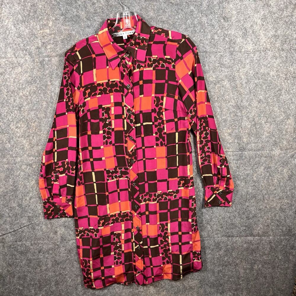 Trina Turk 100% Silk Colorful 70s Shirt Dress Size 2